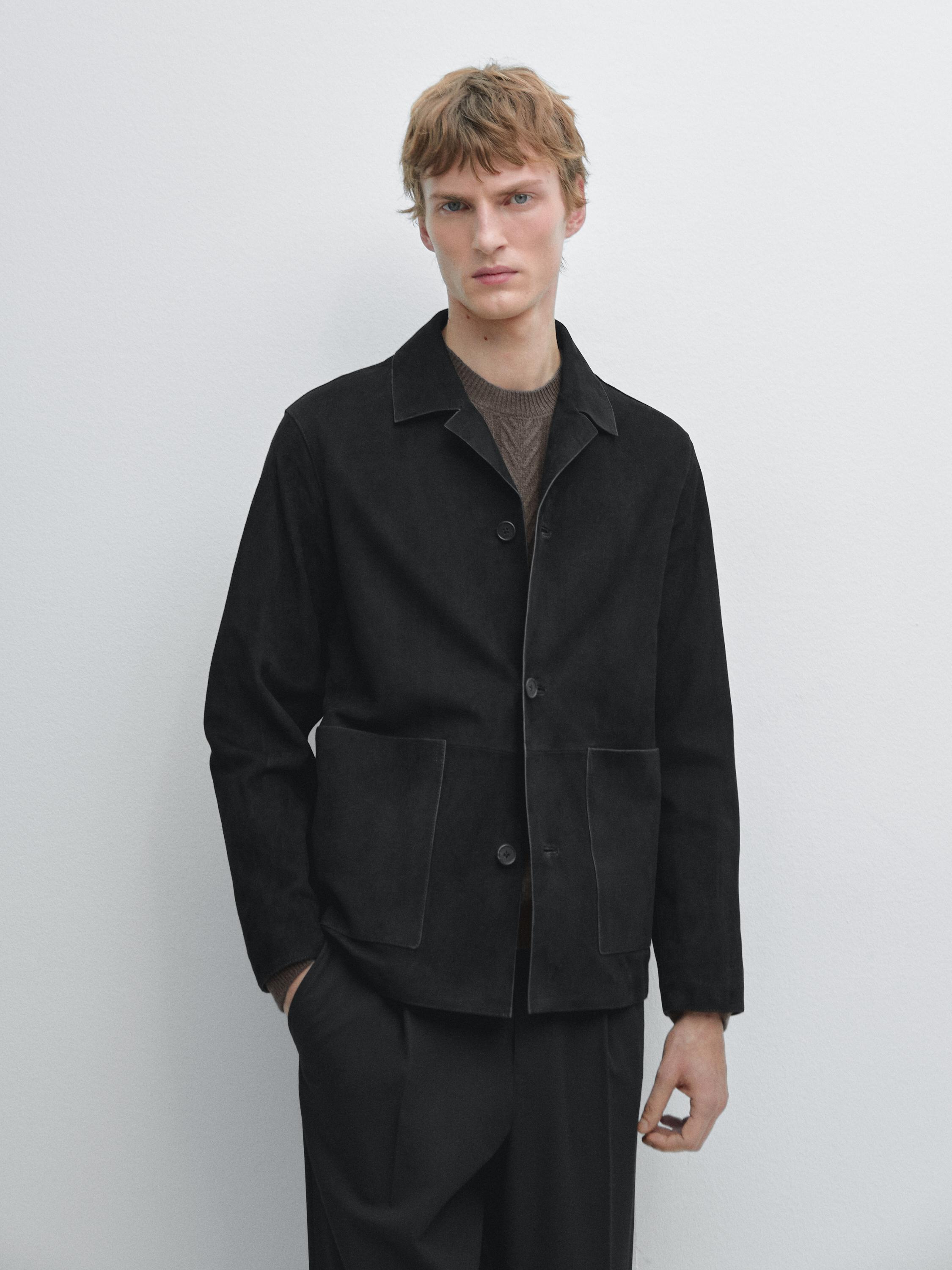Blouson avec poches en cuir finition daim